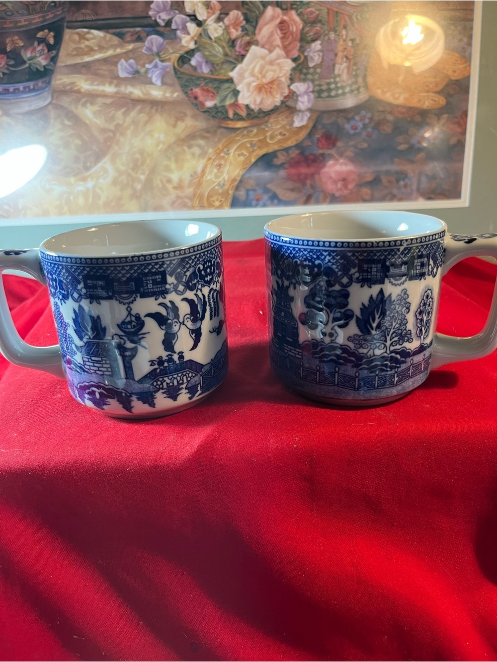 Blue and White Willow Ceramic Mugs - Set of 2